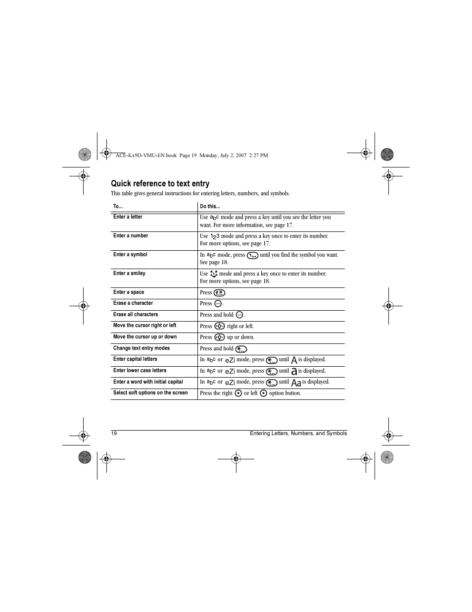 Quick reference to text entry | Kyocera OYSTR KX9 User Manual | Page 26 / 64