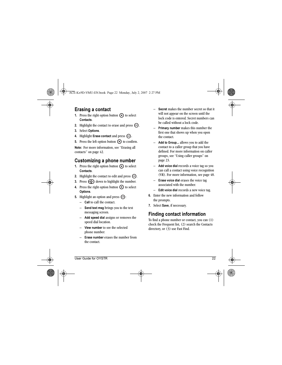 Erasing a contact, Customizing a phone number, Finding contact information | Kyocera OYSTR KX9 User Manual | Page 29 / 64