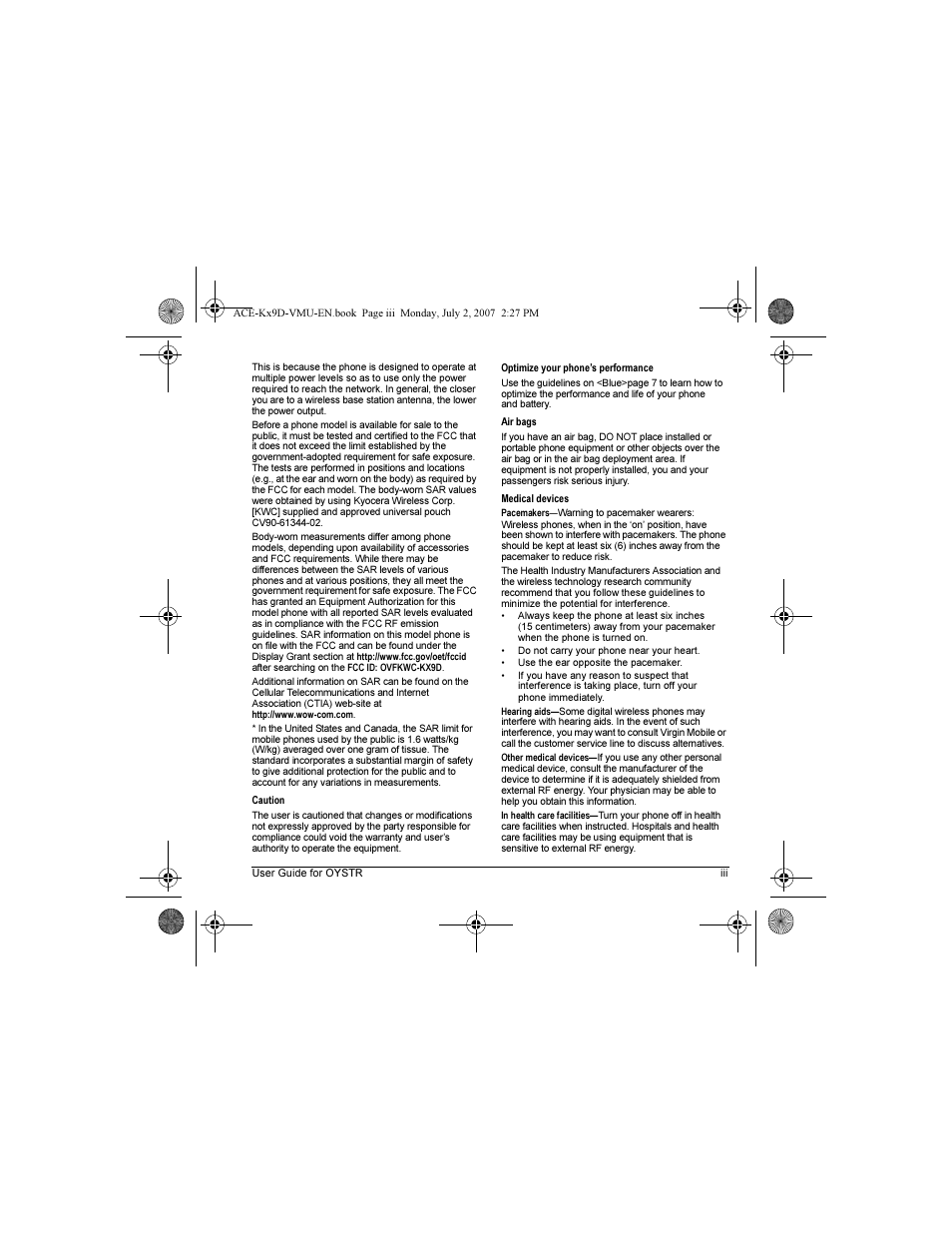 Kyocera OYSTR KX9 User Manual | Page 3 / 64