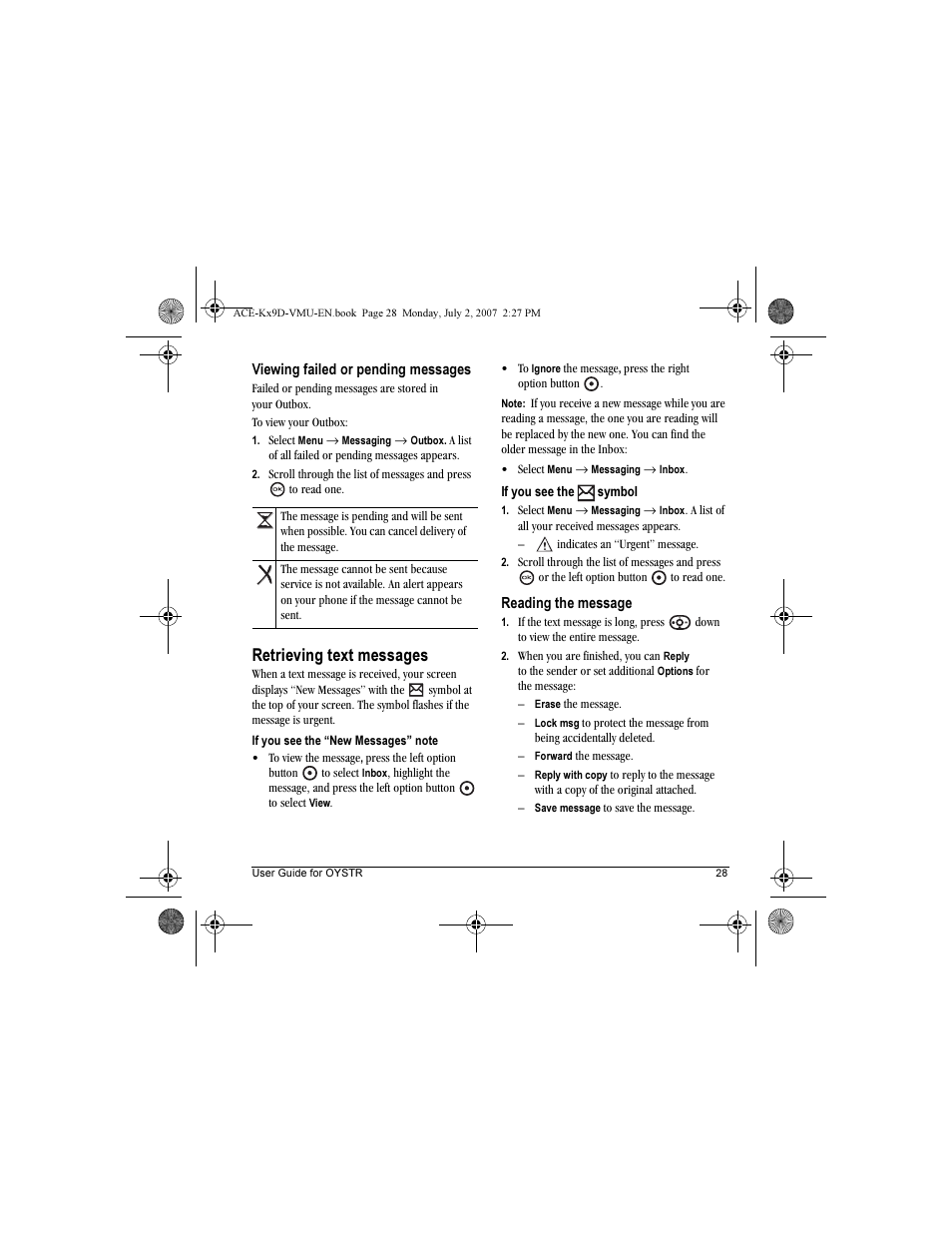 Retrieving text messages | Kyocera OYSTR KX9 User Manual | Page 35 / 64