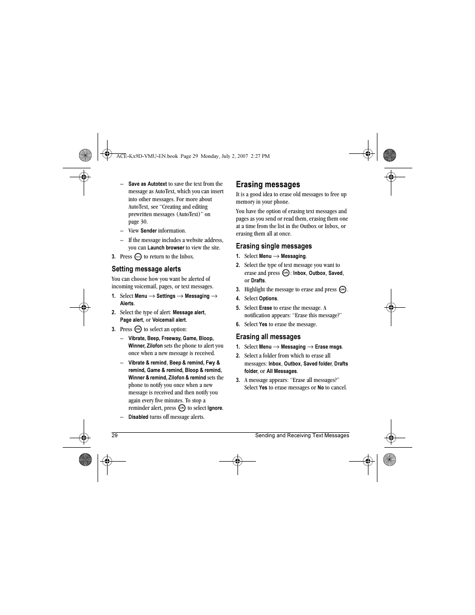 Erasing messages | Kyocera OYSTR KX9 User Manual | Page 36 / 64