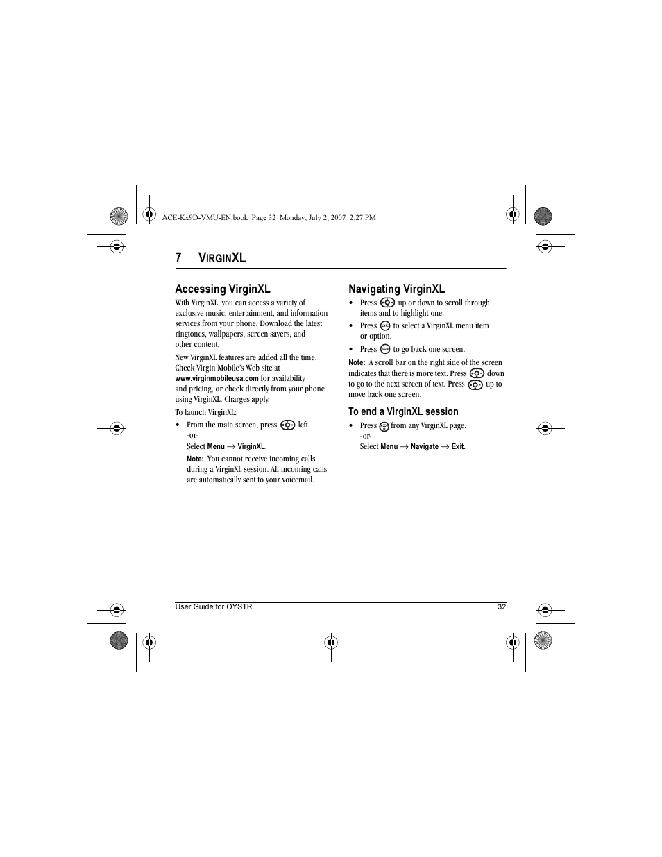 Accessing virginxl, Navigating virginxl | Kyocera OYSTR KX9 User Manual | Page 39 / 64