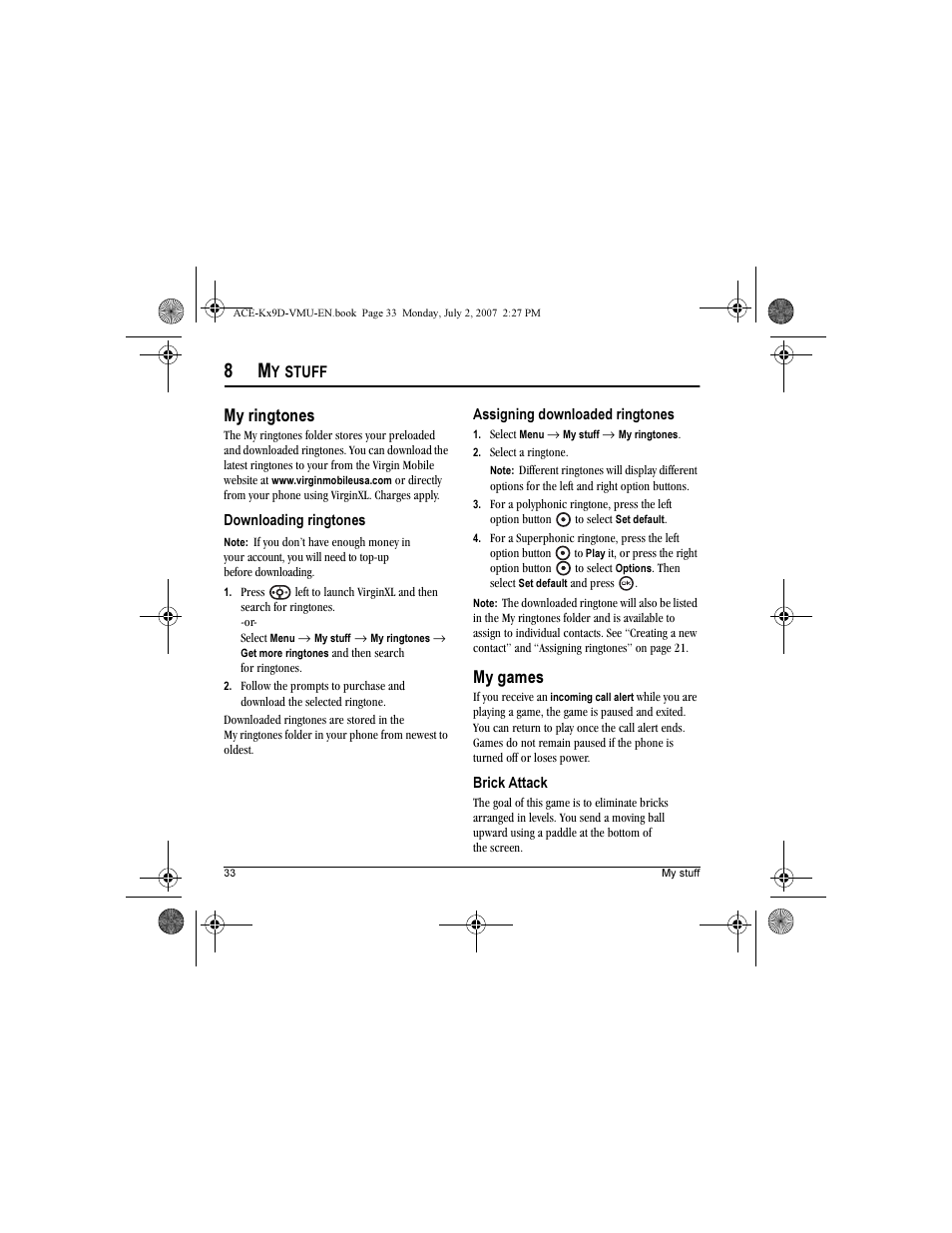 My ringtones, My games | Kyocera OYSTR KX9 User Manual | Page 40 / 64