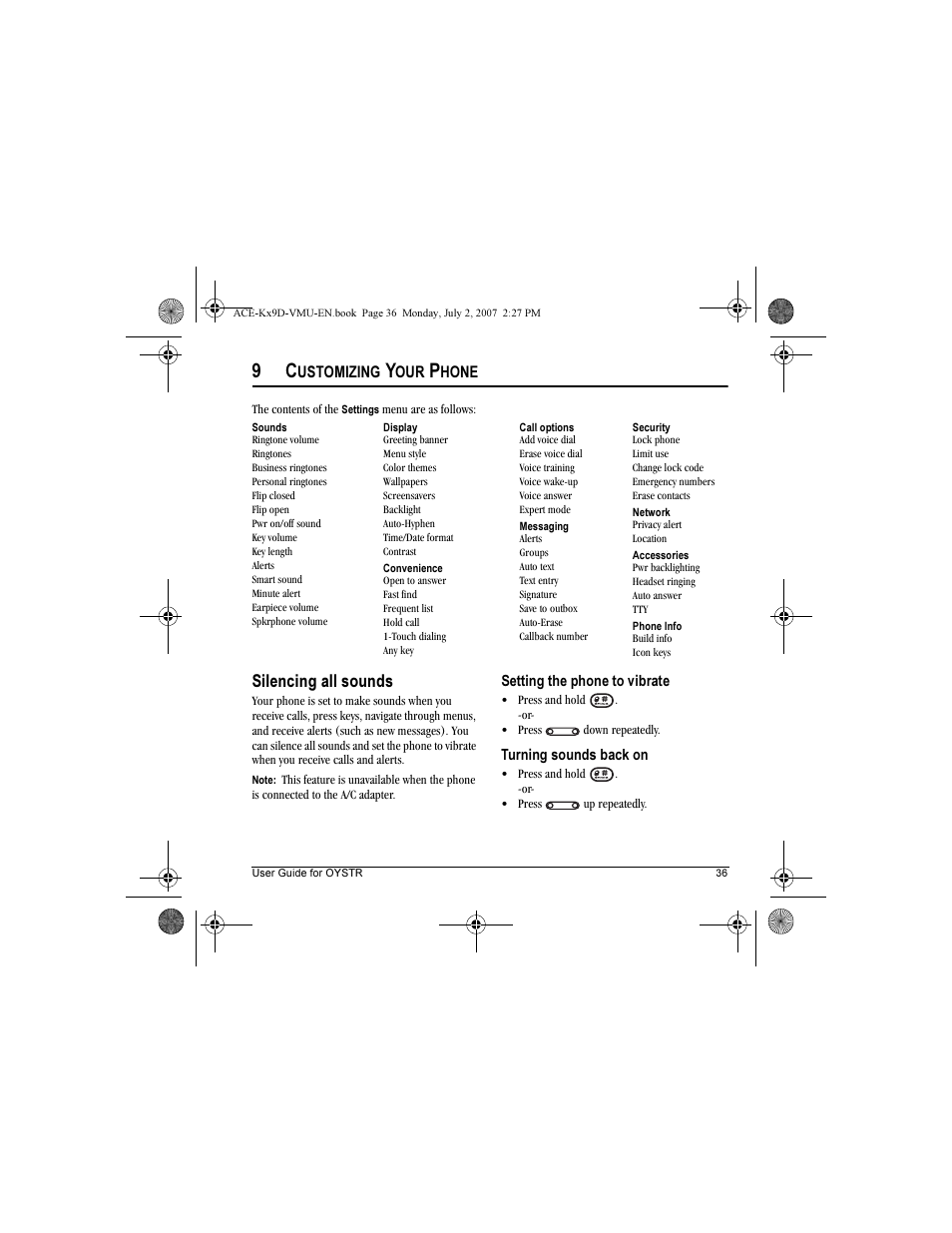 Silencing all sounds | Kyocera OYSTR KX9 User Manual | Page 43 / 64