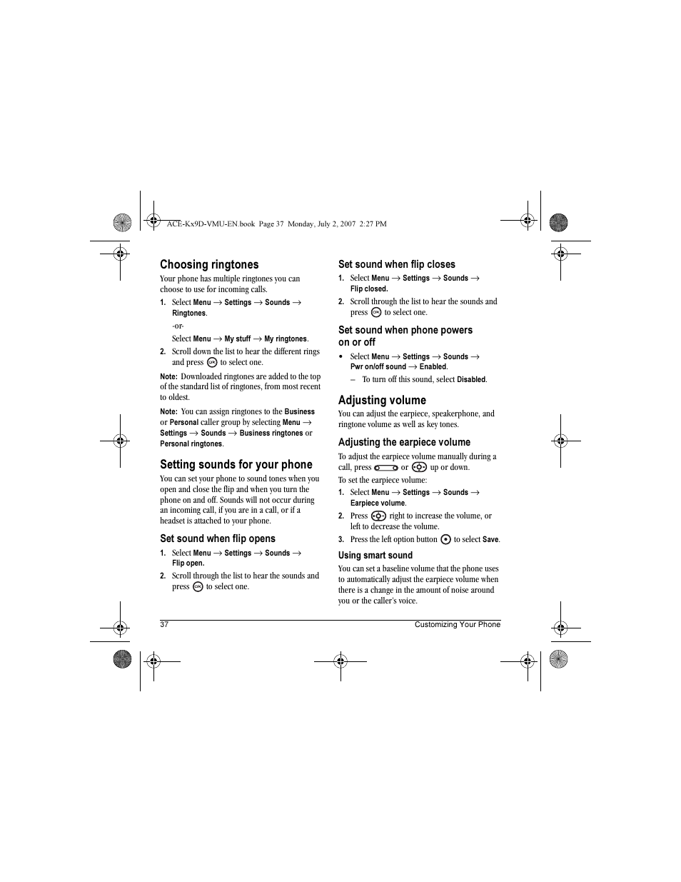 Choosing ringtones, Setting sounds for your phone, Adjusting volume | Kyocera OYSTR KX9 User Manual | Page 44 / 64