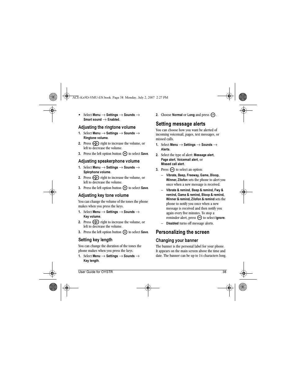 Setting message alerts, Personalizing the screen | Kyocera OYSTR KX9 User Manual | Page 45 / 64