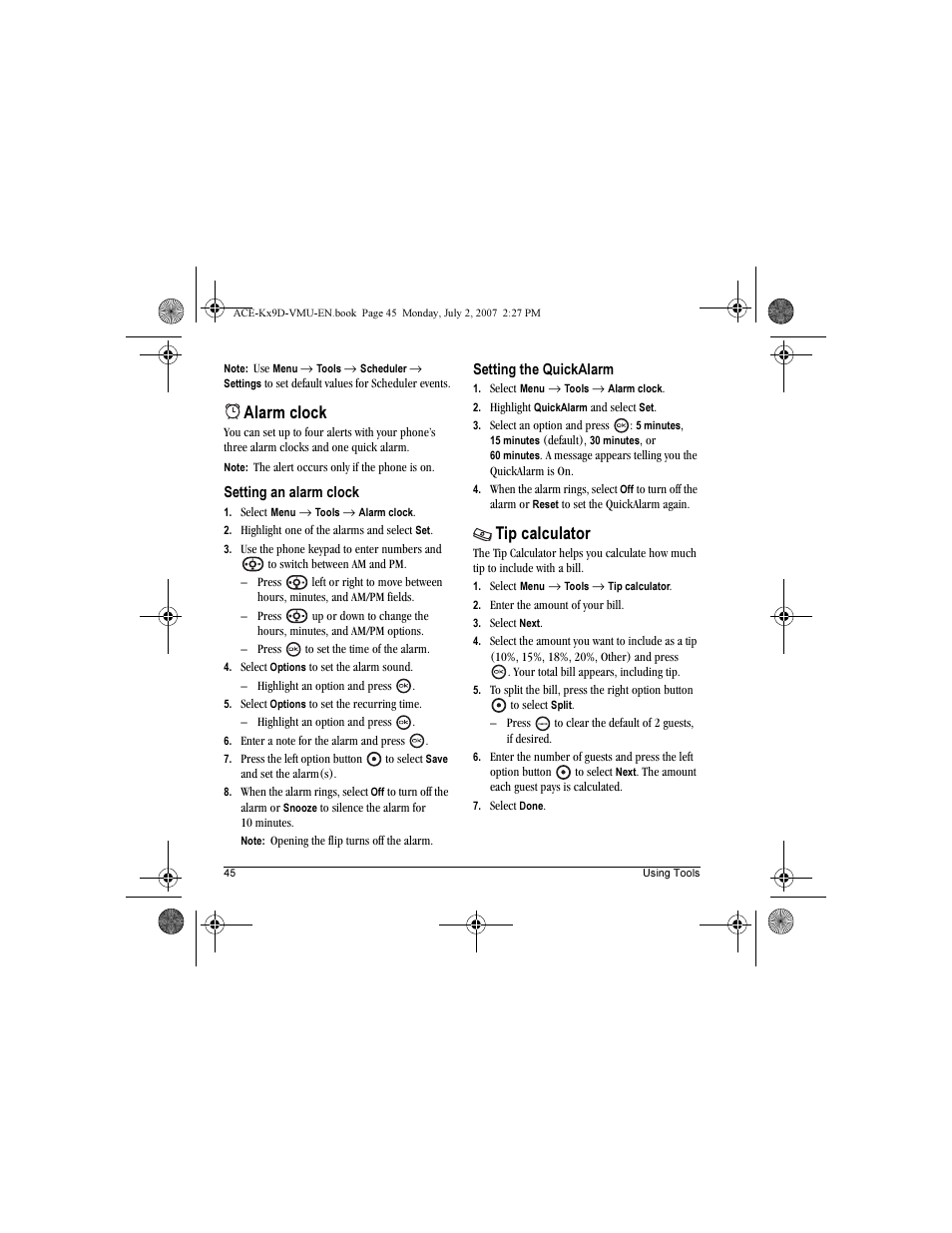 Alarm clock, Tip calculator | Kyocera OYSTR KX9 User Manual | Page 52 / 64