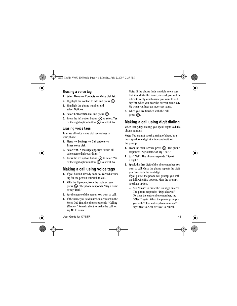 Making a call using voice tags, Making a call using digit dialing | Kyocera OYSTR KX9 User Manual | Page 55 / 64