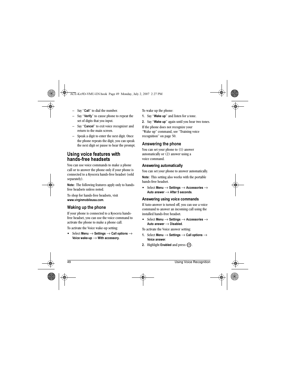 Using voice features with hands-free headsets | Kyocera OYSTR KX9 User Manual | Page 56 / 64