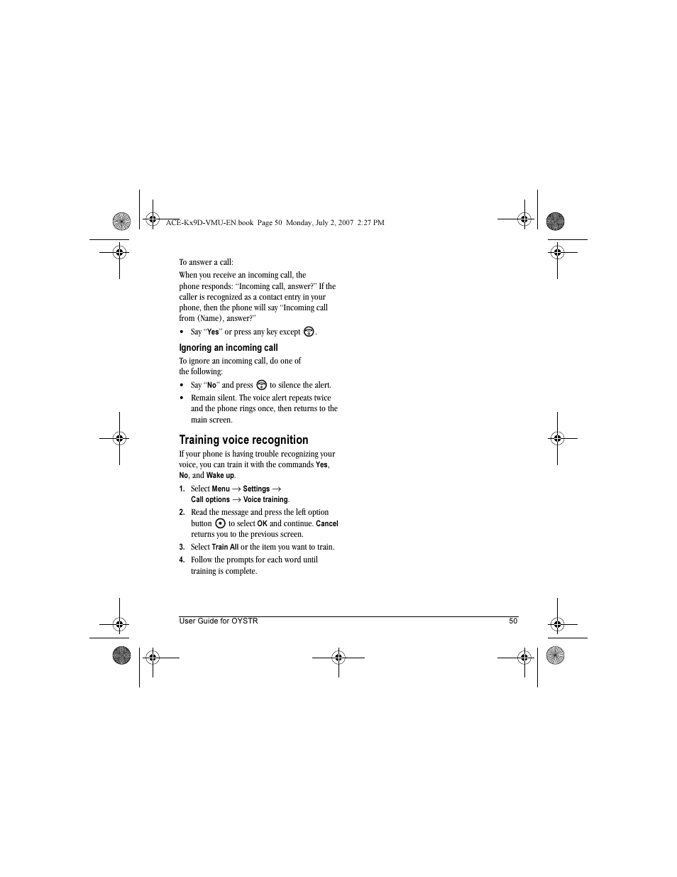 Training voice recognition | Kyocera OYSTR KX9 User Manual | Page 57 / 64