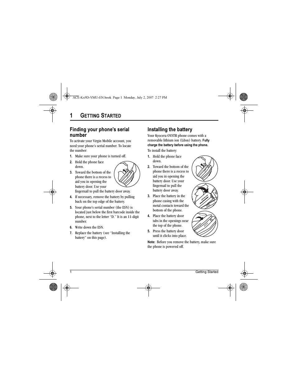 Finding your phone’s serial number, Installing the battery | Kyocera OYSTR KX9 User Manual | Page 8 / 64