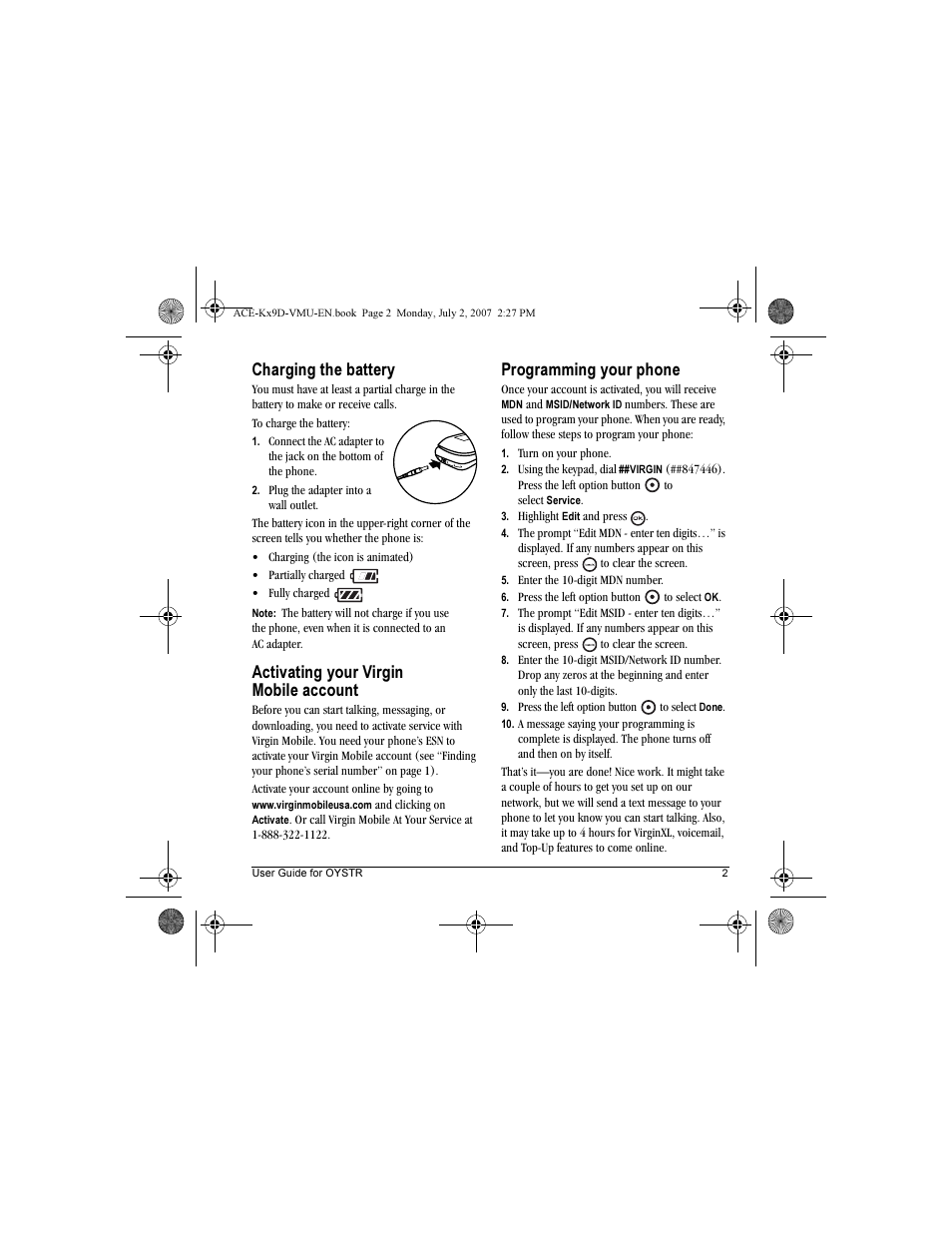 Charging the battery, Activating your virgin mobile account, Programming your phone | Kyocera OYSTR KX9 User Manual | Page 9 / 64
