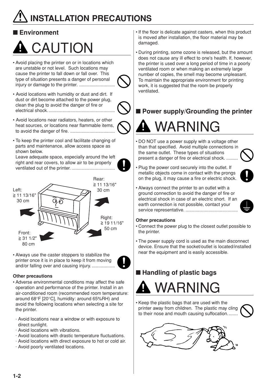 Warning, Caution, Installation precautions | Power supply/grounding the printer, Handling of plastic bags, Environment | Kyocera KM-P4845w User Manual | Page 10 / 68