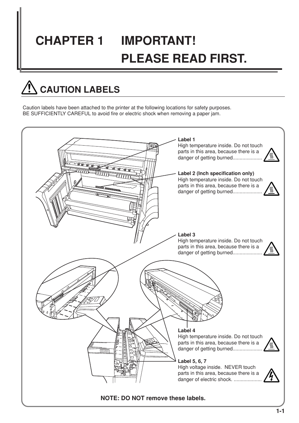 Chapter 1 important! please read first, Caution labels | Kyocera KM-P4845w User Manual | Page 9 / 68