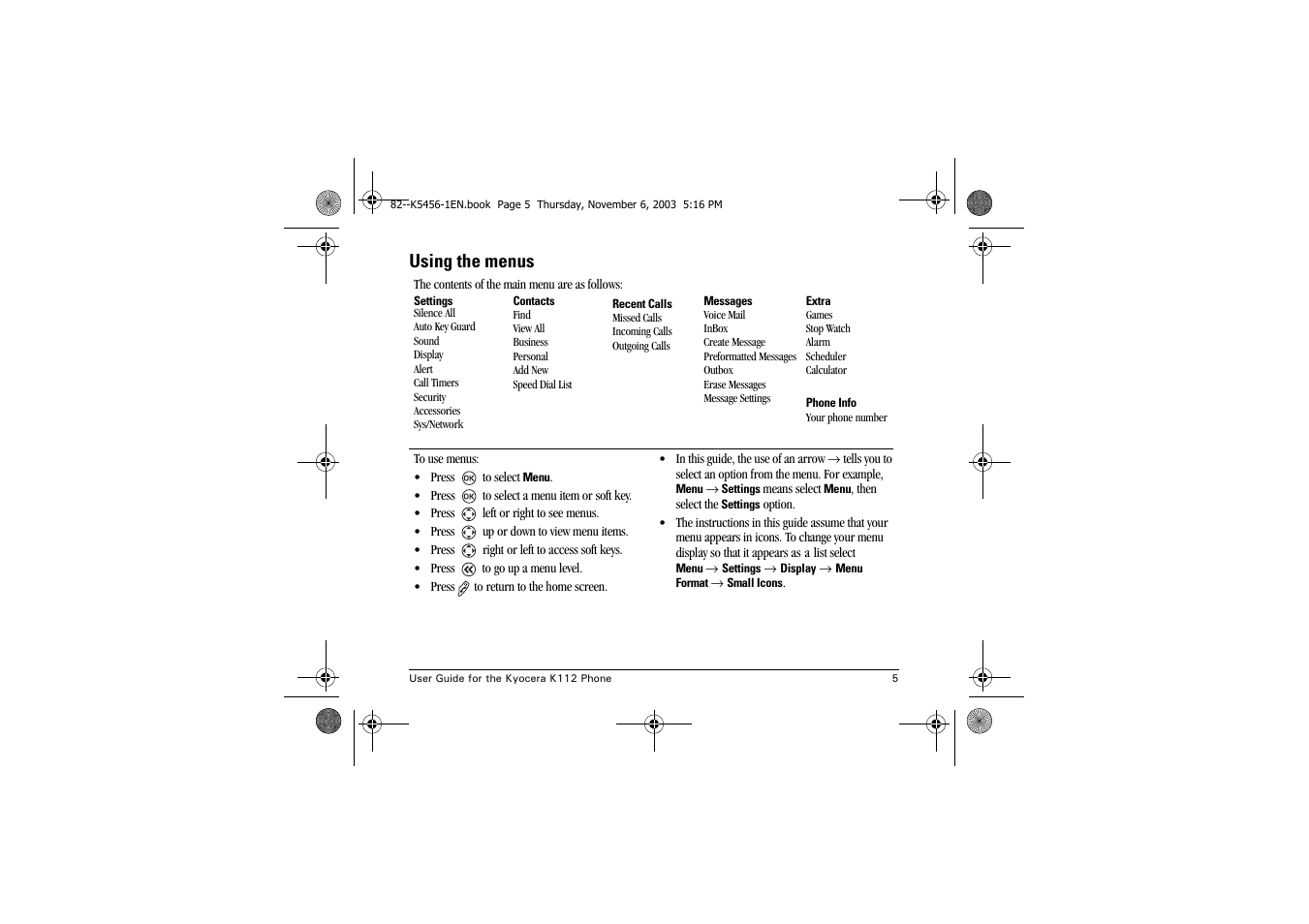 Using the menus | Kyocera K112 User Manual | Page 11 / 42