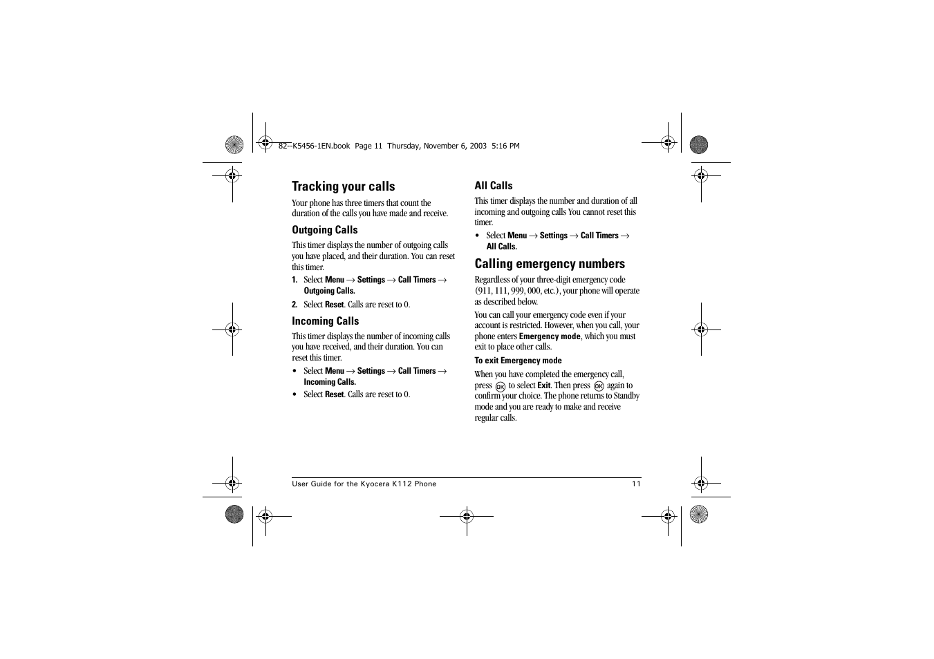 Tracking your calls, Calling emergency numbers | Kyocera K112 User Manual | Page 17 / 42