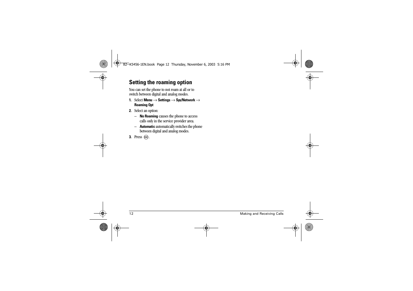 Setting the roaming option | Kyocera K112 User Manual | Page 18 / 42