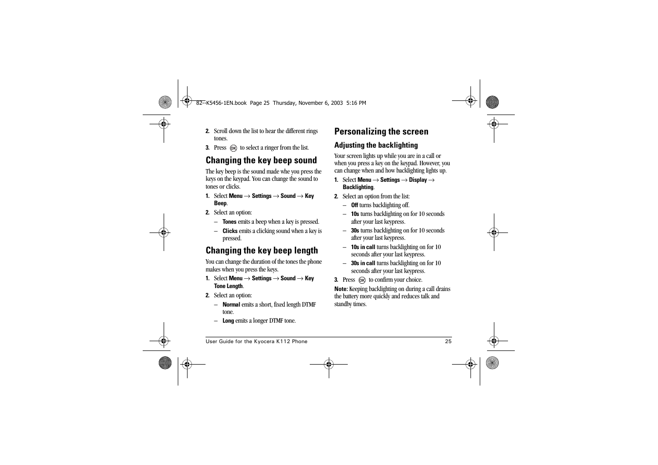 Changing the key beep sound, Changing the key beep length, Personalizing the screen | Kyocera K112 User Manual | Page 31 / 42