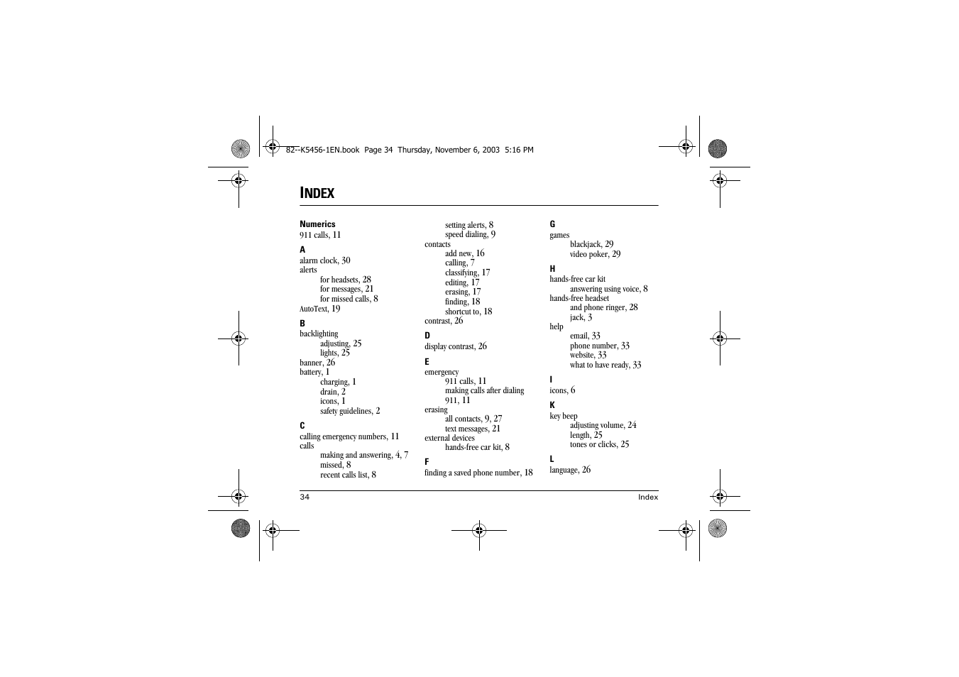 Ndex | Kyocera K112 User Manual | Page 40 / 42