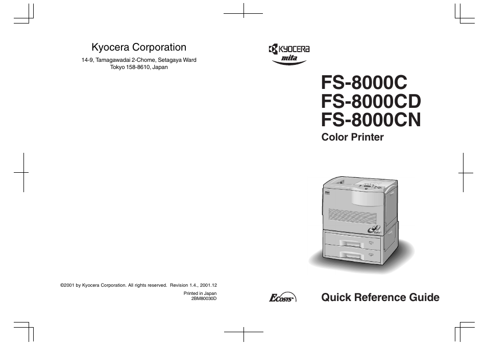 Quick reference guide, Color printer, Kyocera corporation | Kyocera Mita FS-8000CD User Manual | Page 44 / 44