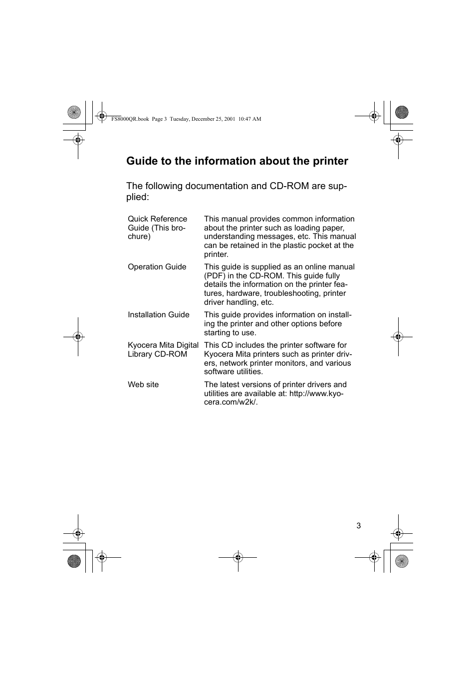 Guide to the information about the printer | Kyocera Mita FS-8000CD User Manual | Page 5 / 44