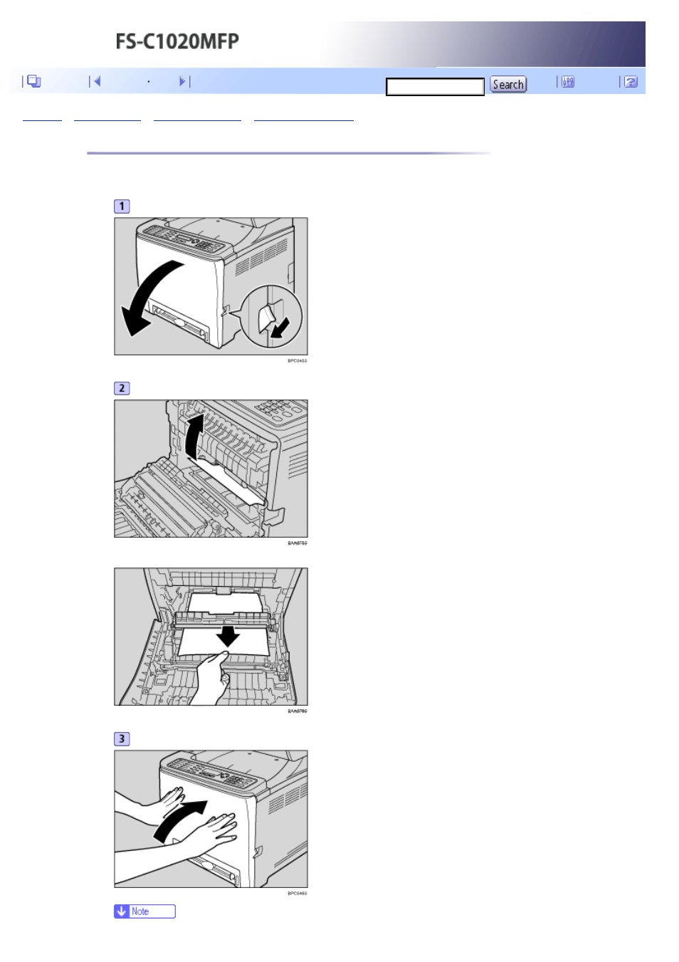 If paper jams inside a tray, If paper is jammed in the tray, see, Next | Kyocera FS-C1020MFP User Manual | Page 406 / 477