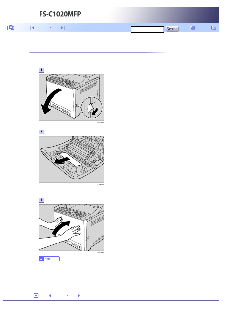 If paper jams inside the transfer unit, If paper is jammed in the transfer unit, see, Next | Kyocera FS-C1020MFP User Manual | Page 408 / 477