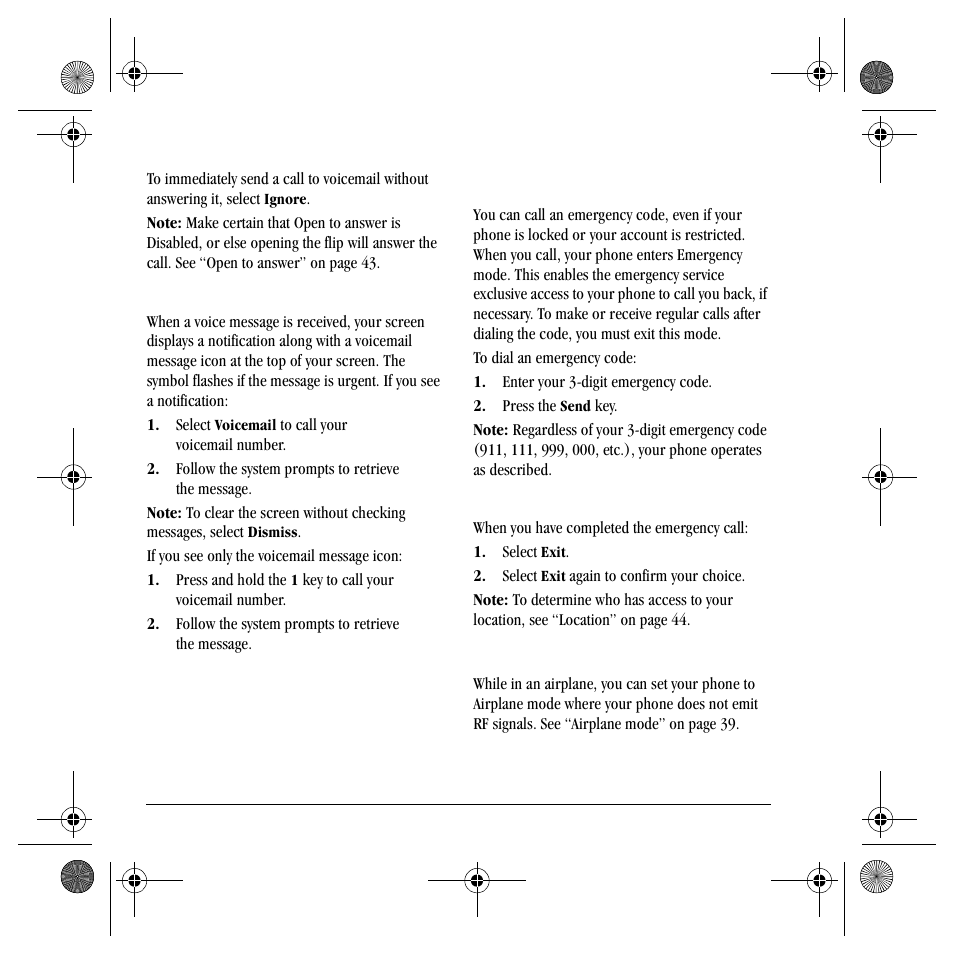Emergency services, Airplane mode | Kyocera TNT VMS200 User Manual | Page 20 / 64
