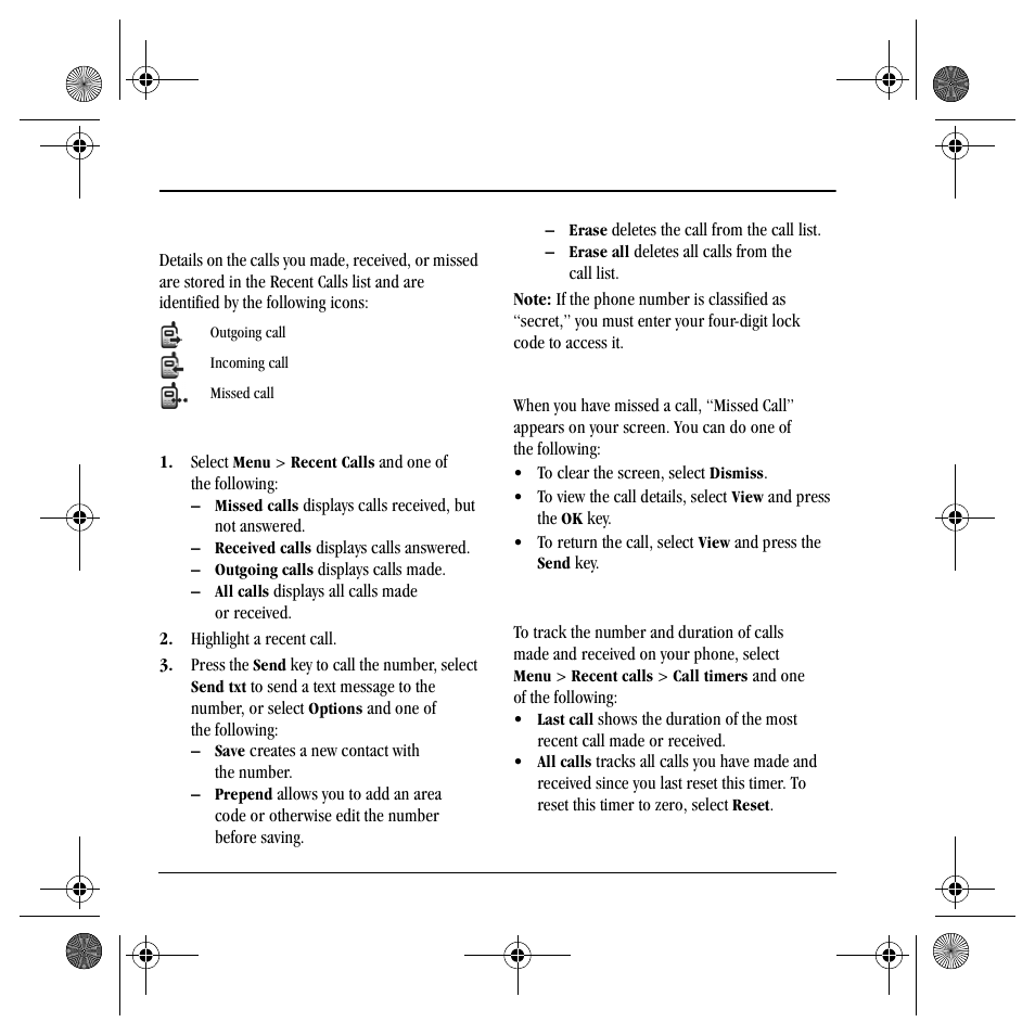 Call lists, View call timers, Ecent | Alls | Kyocera TNT VMS200 User Manual | Page 24 / 64
