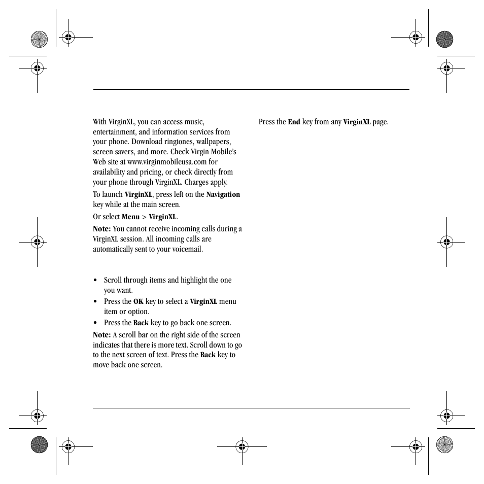 Accessing virginxl, Navigating virginxl, Ending a virginxl session | Kyocera TNT VMS200 User Manual | Page 35 / 64