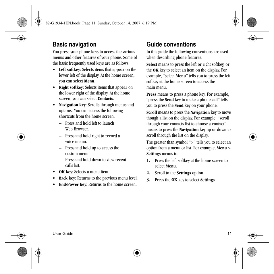 Basic navigation, Guide conventions | Kyocera Lingo M1000 User Manual | Page 19 / 88