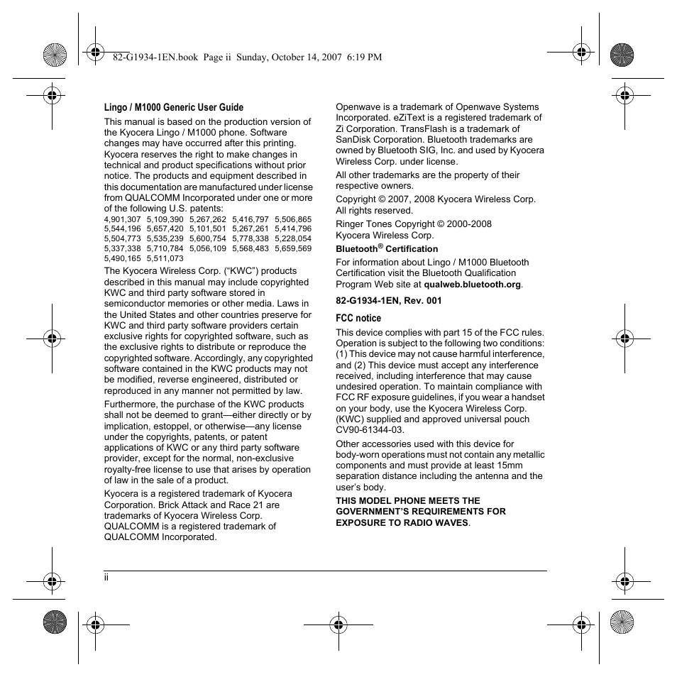 Kyocera Lingo M1000 User Manual | Page 2 / 88