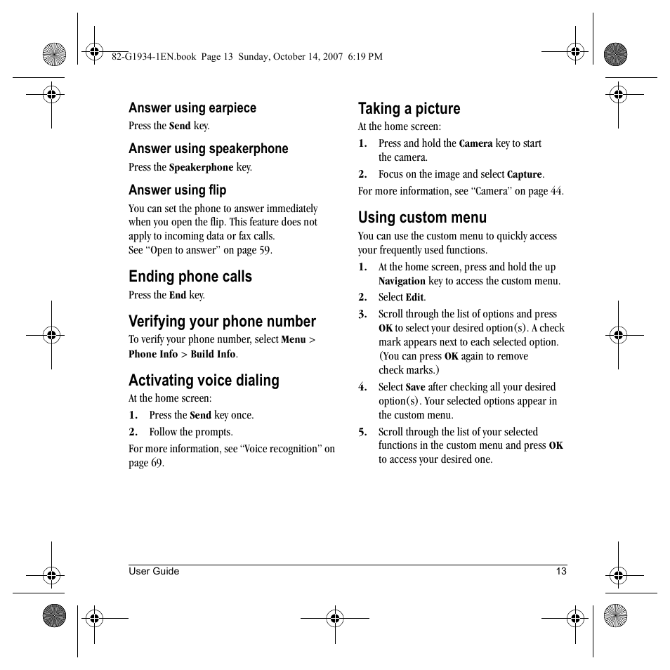 Ending phone calls, Verifying your phone number, Activating voice dialing | Taking a picture, Using custom menu | Kyocera Lingo M1000 User Manual | Page 21 / 88