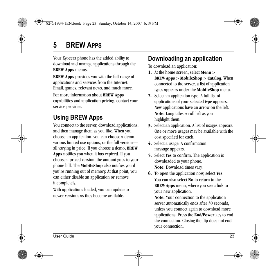 5brew a, Using brew apps, Downloading an application | Kyocera Lingo M1000 User Manual | Page 31 / 88