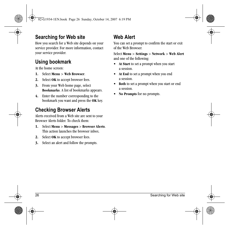 Searching for web site, Using bookmark, Checking browser alerts | Web alert | Kyocera Lingo M1000 User Manual | Page 34 / 88