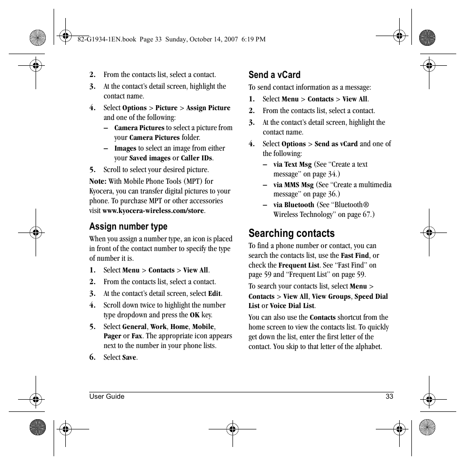 Searching contacts | Kyocera Lingo M1000 User Manual | Page 41 / 88