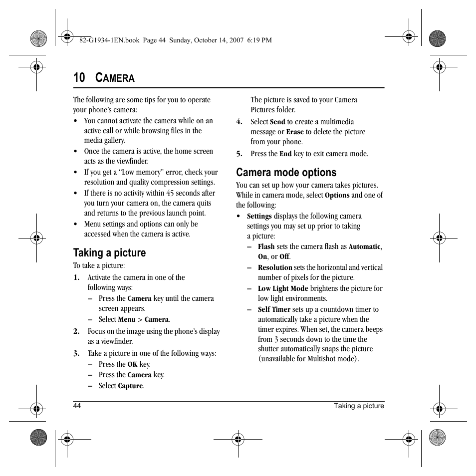 10 c, Taking a picture, Camera mode options | Amera | Kyocera Lingo M1000 User Manual | Page 52 / 88