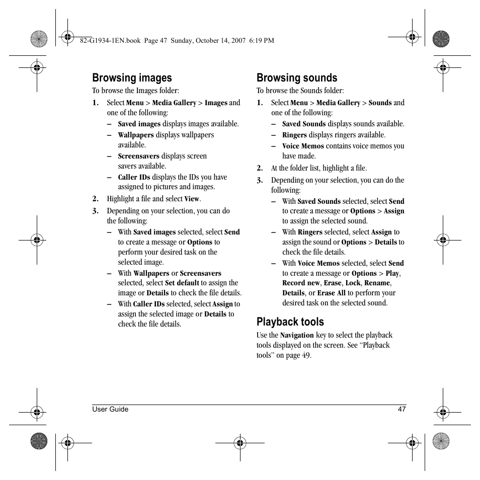 Browsing images, Browsing sounds, Playback tools | Kyocera Lingo M1000 User Manual | Page 55 / 88