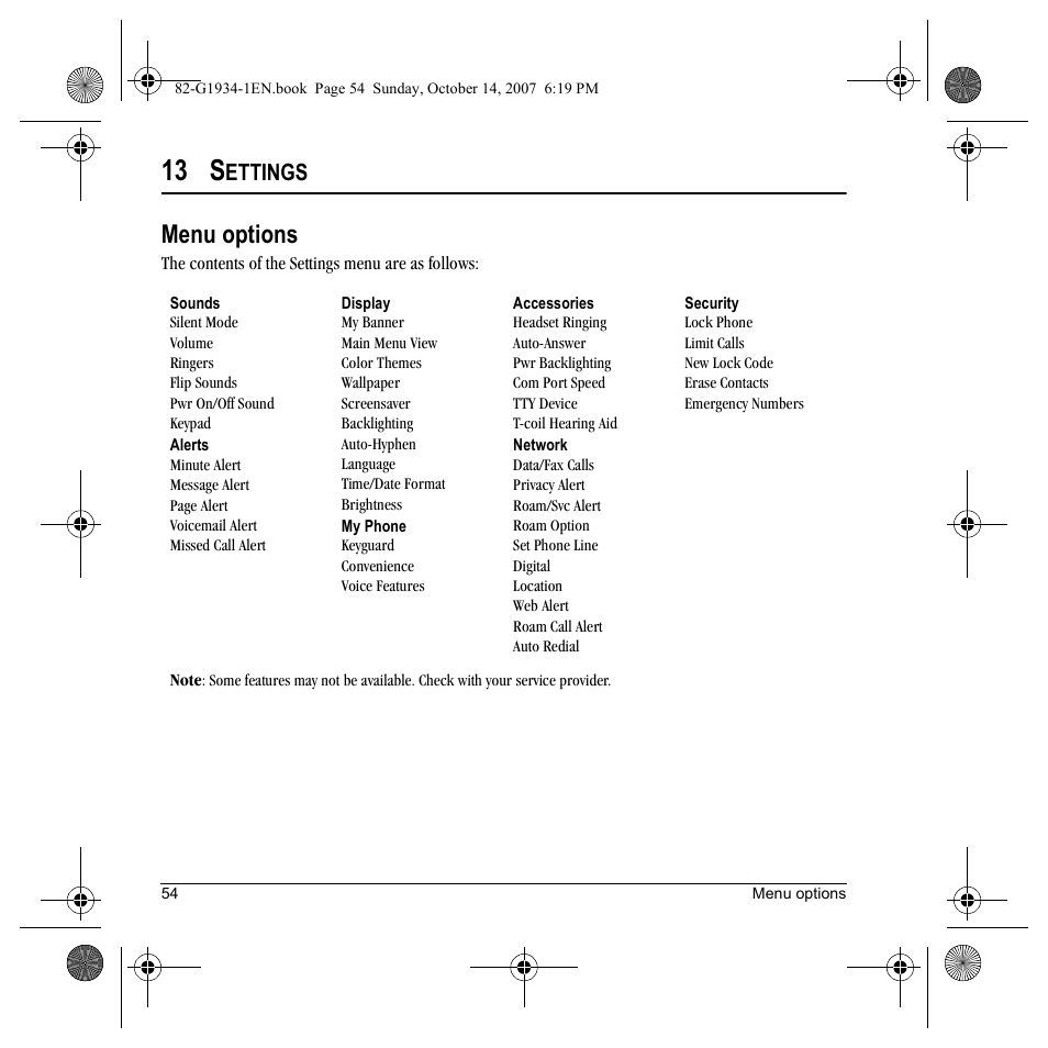 13 s, Menu options, Ettings | Kyocera Lingo M1000 User Manual | Page 62 / 88