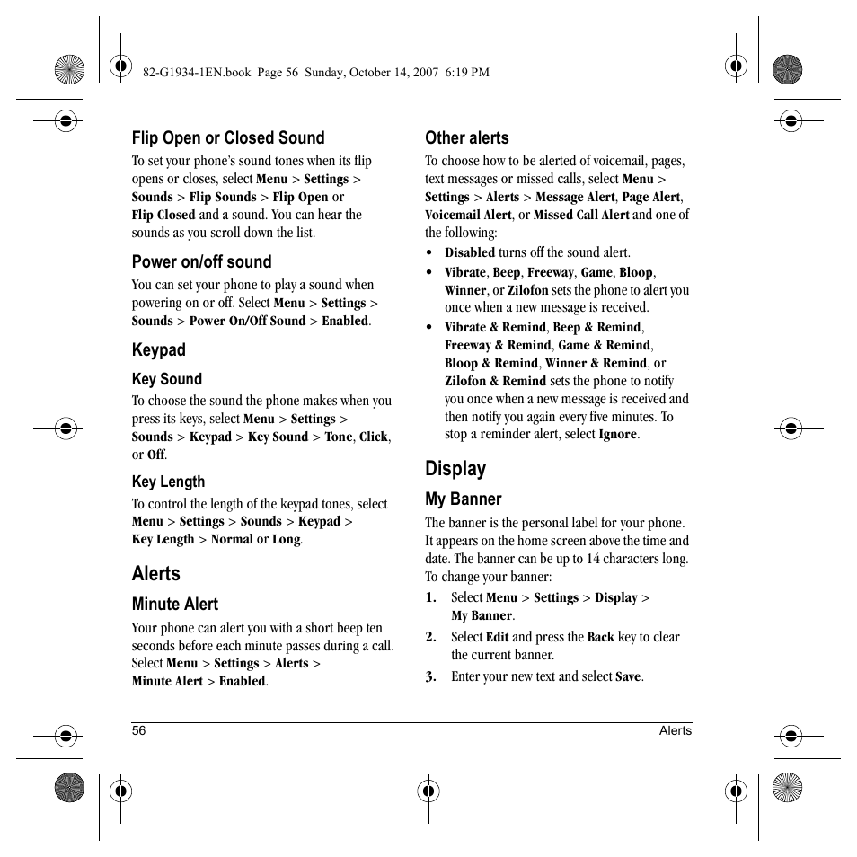 Alerts, Display | Kyocera Lingo M1000 User Manual | Page 64 / 88
