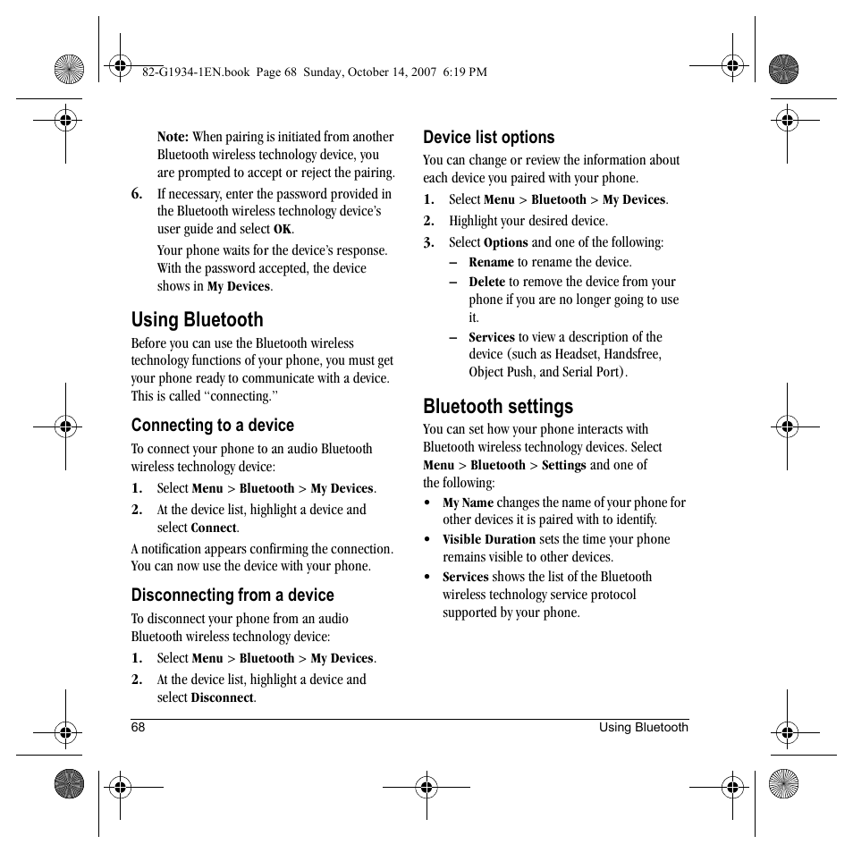Using bluetooth, Bluetooth settings | Kyocera Lingo M1000 User Manual | Page 76 / 88