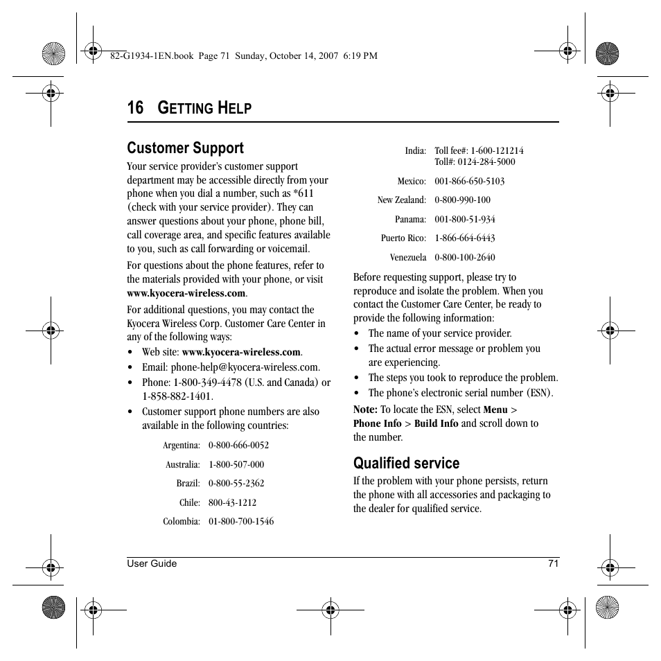 16 g, Customer support, Qualified service | Etting | Kyocera Lingo M1000 User Manual | Page 79 / 88