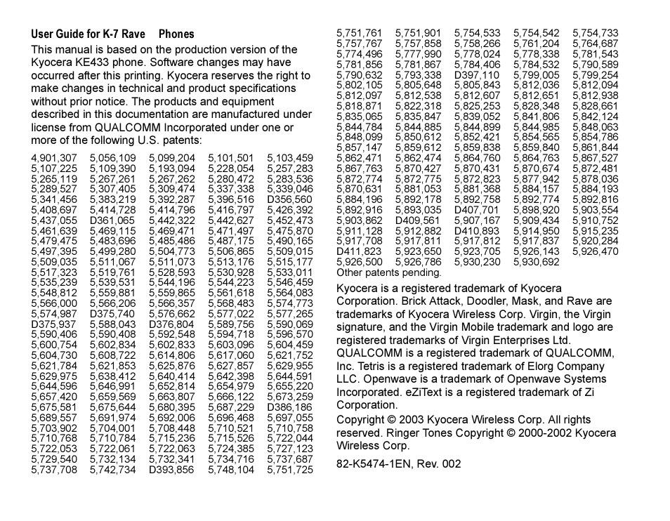 Kyocera Rave K-7 User Manual | Page 2 / 56
