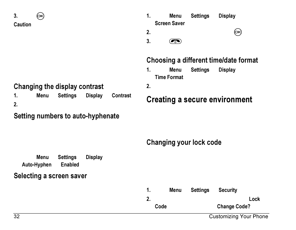 Creating a secure environment, Changing the display contrast, Setting numbers to auto-hyphenate | Selecting a screen saver, Choosing a different time/date format, Changing your lock code | Kyocera Rave K-7 User Manual | Page 40 / 56