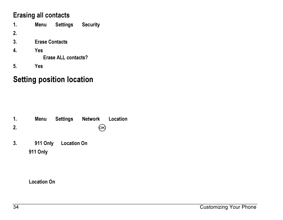 Setting position location, Erasing all contacts | Kyocera Rave K-7 User Manual | Page 42 / 56