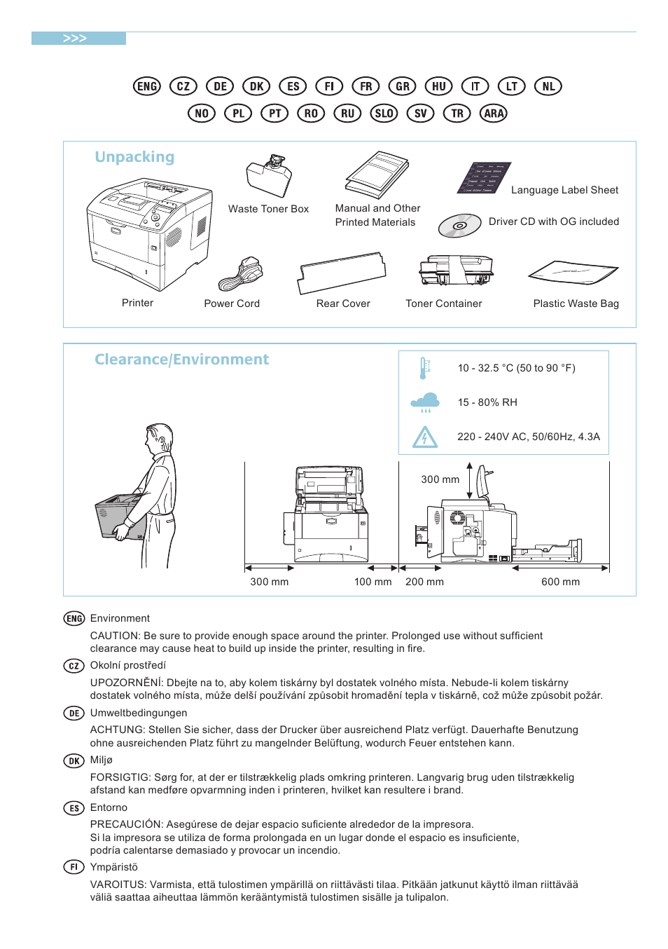Unpacking clearance/environment | Kyocera Fs-4020dn  M User Manual | Page 2 / 16