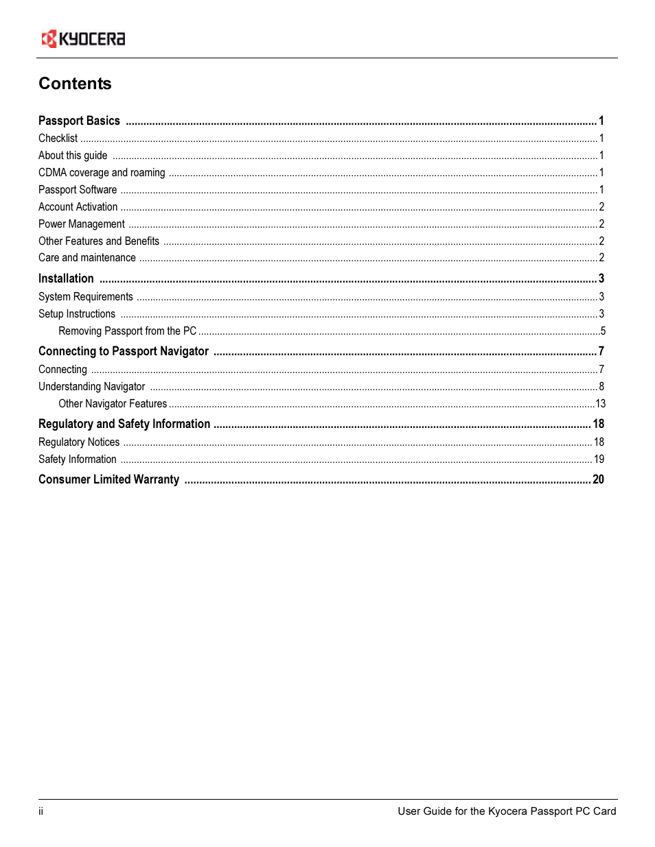 Kyocera Passport PC Card User Manual | Page 2 / 23