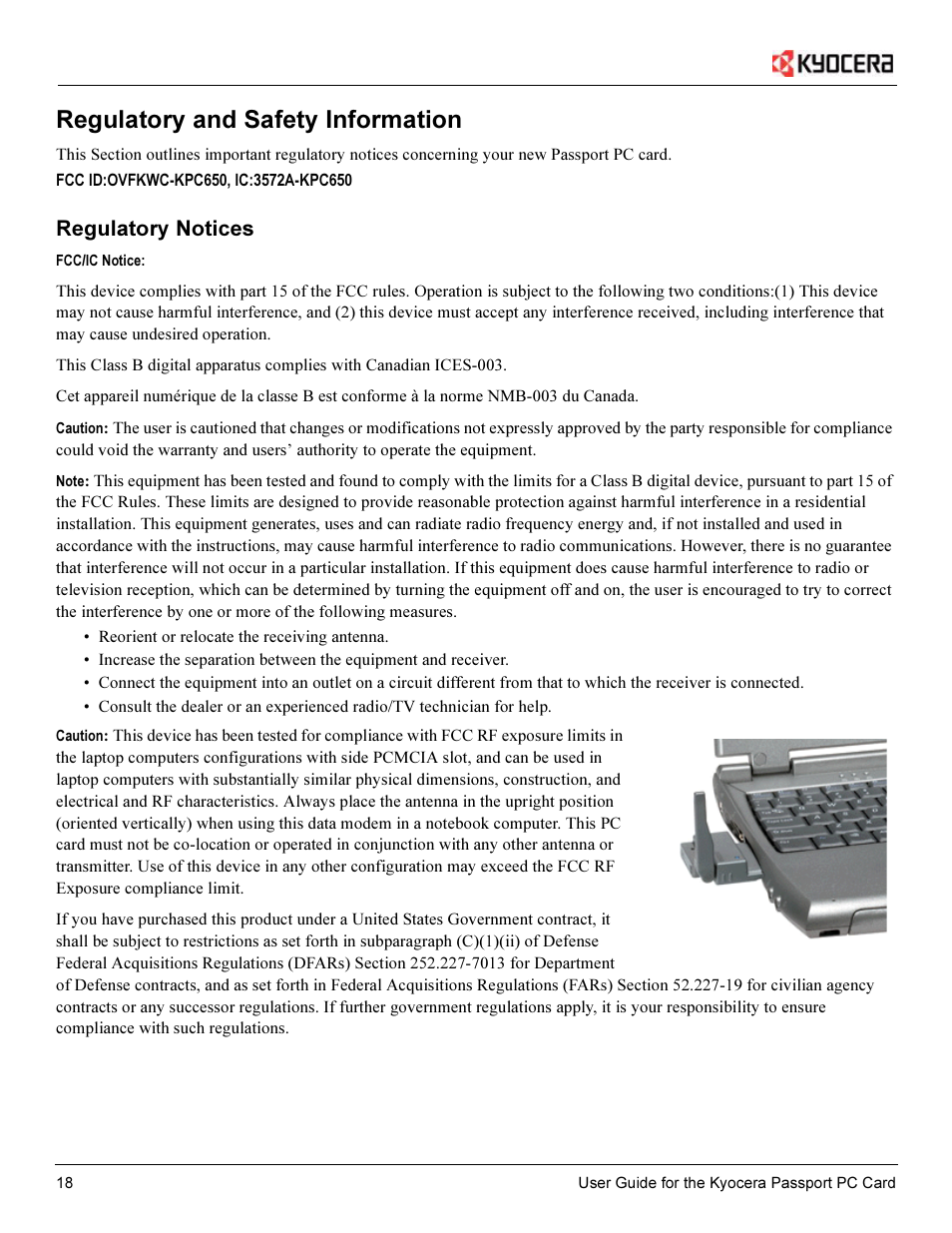 Regulatory and safety information, Regulatory notices | Kyocera Passport PC Card User Manual | Page 20 / 23