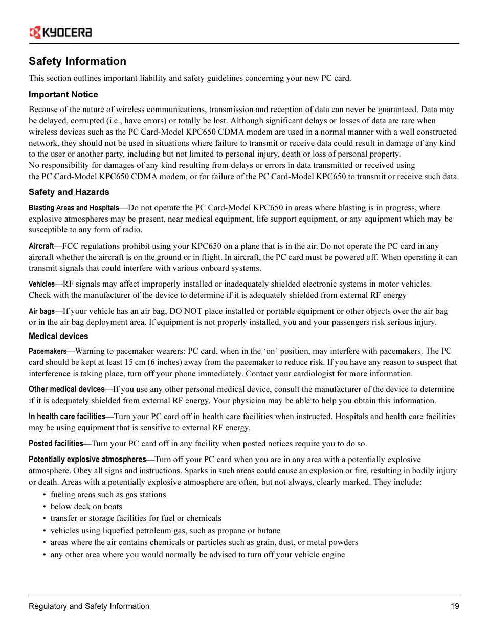 Safety information | Kyocera Passport PC Card User Manual | Page 21 / 23