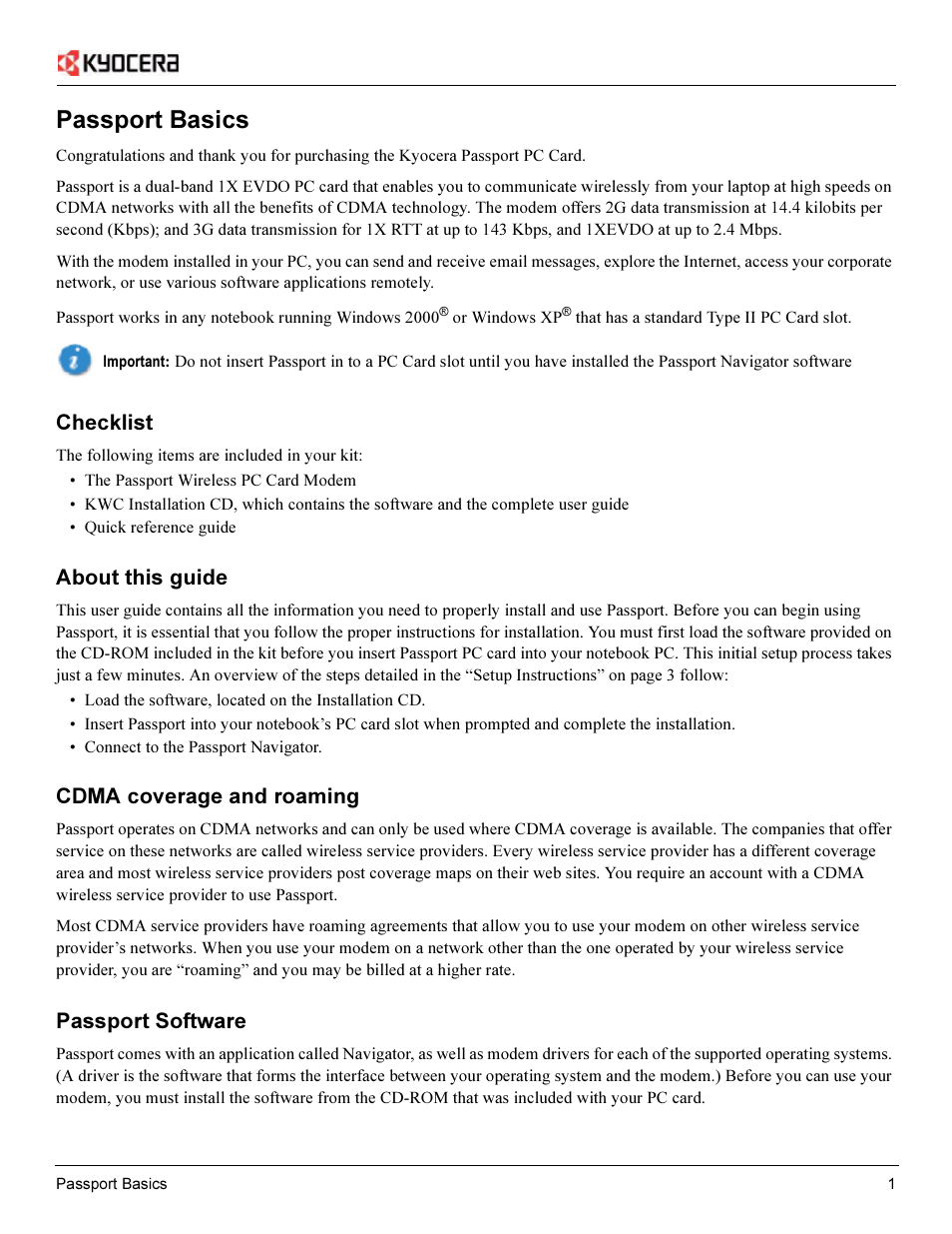 Passport basics, Checklist, About this guide | Cdma coverage and roaming, Passport software | Kyocera Passport PC Card User Manual | Page 3 / 23